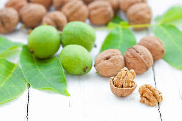 fresh walnut on the white wooden table