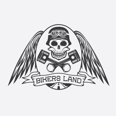 bikers land crest with skull,wings and pistons