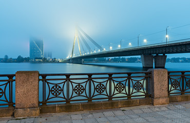 Cable bridge over the Daugava river at night, Riga, Latvia