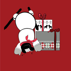 snowman with presents on red background