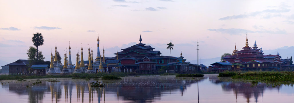 Panoramic view of ancient pagoda and monastery on Inle lake, Shan state, Myanmar