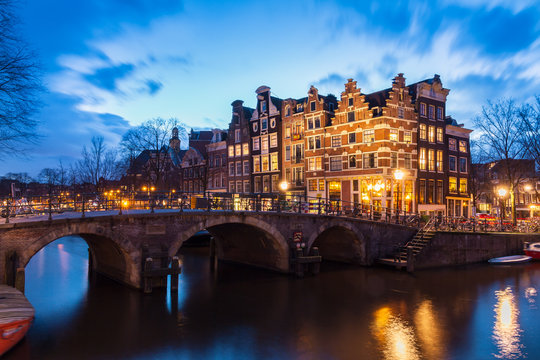 Beautiful view after sunset on the Brouwersgracht in Amsterdam, the Netherlands, a UNESCO world heritage site.