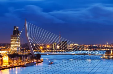 Photo sur Plexiglas Pont Érasme Belle vue crépusculaire sur les ponts sur la Meuse (Meuse) à Rotterdam, Pays-Bas