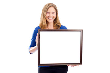 Fototapeta premium Woman holding sign