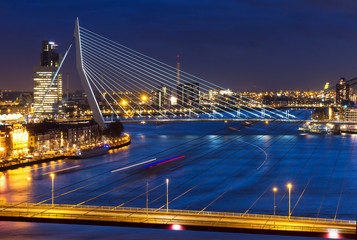 Beautiful twilight view on the bridges over the river Maas (Meuse) in Rotterdam, The Netherlands