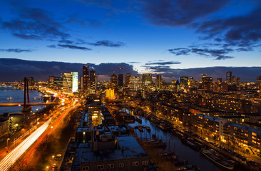 Fototapeta na wymiar Beautiful aerial view of the skyline of Rotterdam, the Netherlands, at twilight