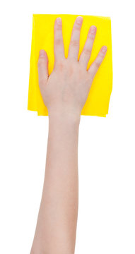 top view of hand with yellow wiping rag isolated