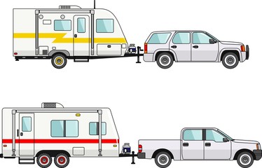 Set of car and travel trailers on a white background in flat