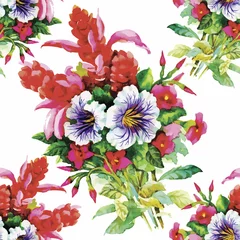Fotobehang Seamless pattern with Beautiful flowers, Watercolor painting © kostanproff