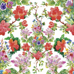 Seamless pattern with Beautiful flowers, Watercolor painting