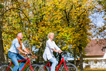 Obraz premium Seniors on bicycles having tour in park