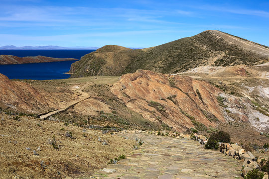 Rocky path leading to the archaeological site of the Ceremonial Table (Mesa Ceremonial) and the Rock of the Puma (Titicaca) on Isla del Sol (Island of the Sun) in Lake Titicaca, Bolivia