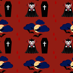 Vampire seamless pattern 2. Vampire man cartoon character in a predatory pose with coffin and flying bats in the sky