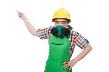 Female worker wearing coverall and gas mask isolated on white