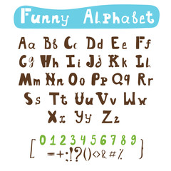 Funny alphabet. Hand drawn calligraphic font. ABC painted letter