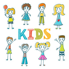 Hand drawn cute little kids. Collection of cartoon happy childre