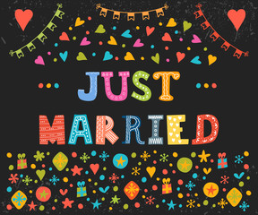 Just married. Cute greeting card with decorative elements