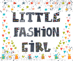 Little fashion girl card. Cute graphic for kids. Funny postcard
