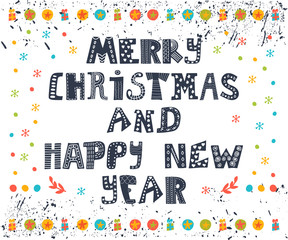 Merry Christmas and Happy New Year postcard. Card design perfect