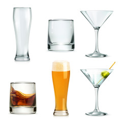 Glasses, alcohol drink vector icon set