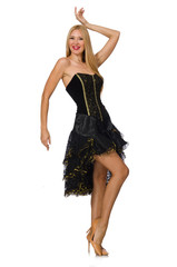 Naklejka premium Blond hair girl in black evening dress isolated on white