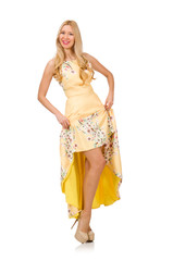 Blond girl in charming dress with flower prints isolated on whit