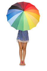 Woman with umbrella isolated on white