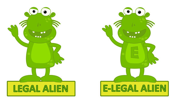 Legal Alien Vs E-legal - Humorous cartoon of legal alien and e-legal alien, Eps10