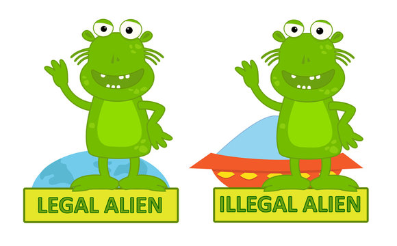 Legal Illegal Alien - Humorous cartoon of legal alien and illegal alien, Eps10