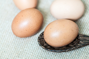 eggs / hen eggs with wooden spoon