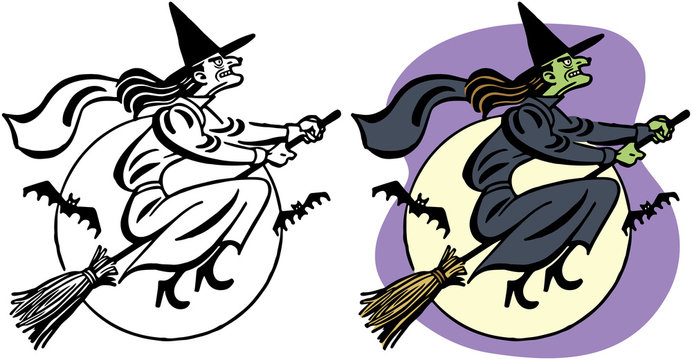 Scary witch flying on broomstick
