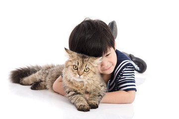 Cute asian child lying with tabby cat