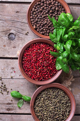 Different  pepper  in bowls on wooden background
