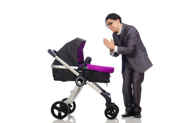 Funny dad with baby and pram on white