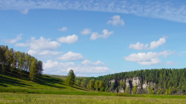 Landscape in South Ural mountains, timelapse, pan view
