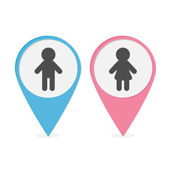 Map pointer set.  Man Woman icon Pink and blue round markers.  Restroom symbol Isolated White background Flat design.