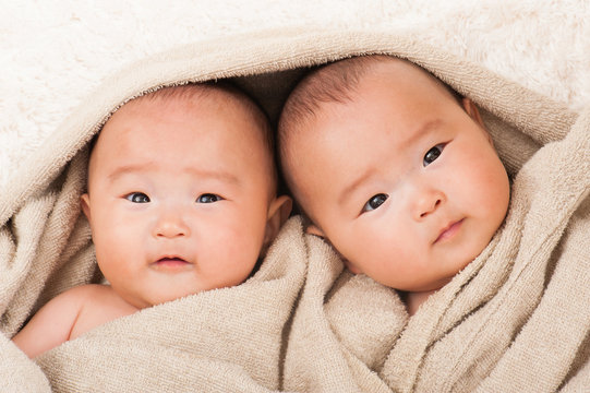 タオルの中にいる双子の赤ちゃん