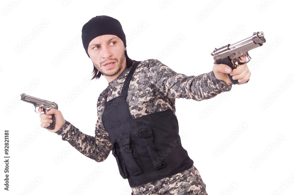 Wall mural Caucasian soldier with handgun isolated on white