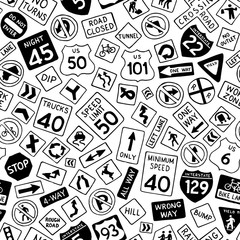 Seamless pattern of cartoon road signs in the United States.