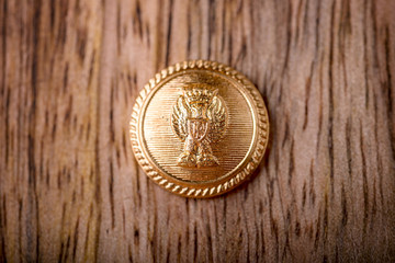 macro of golden button on wood