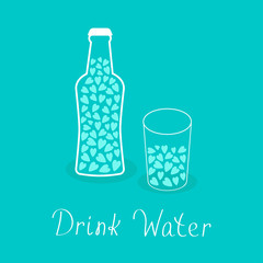 Beer bottle and glass with hearts inside. Drink water. Healthy lifestyle concept. Contour lined icon. Love card. Flat design.