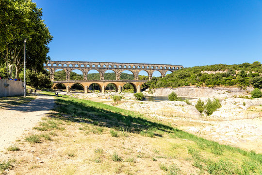Pont du Gard, France. Landscape with ancient aqueduct, I century AD, included in the UNESCO list