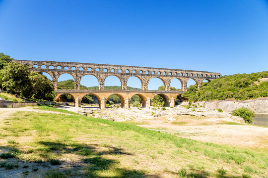 Pont du Gard, France. The picturesque landscape with ancient aqueduct on the list of UNESCO