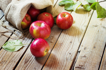 Ripe red apples in a bag on wooden background