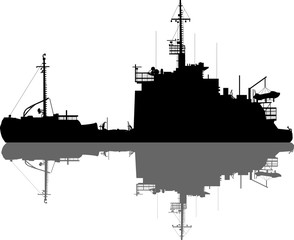 medium ship silhouette and reflection isolated on white