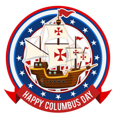 Happy Columbus Day

Glossy Shiny Columbus Day Emblem Icon With Background Of Voyager Ship 
