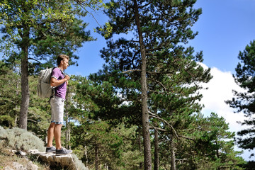 Naklejka premium Hiker with backpack on a mountain between trees