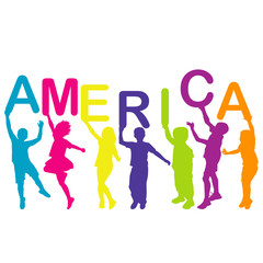 Children holding letters building the word AMERICA