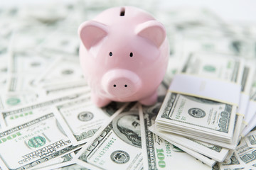 close up of usa dollar money and piggy bank