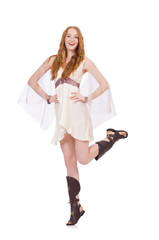 Pretty lady in light charming dress isolated on white